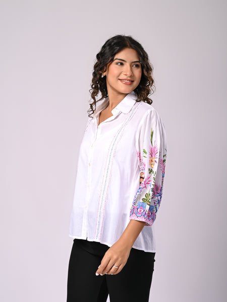 Women’s Casual White Shirt Top with Multicolor Embroidery
