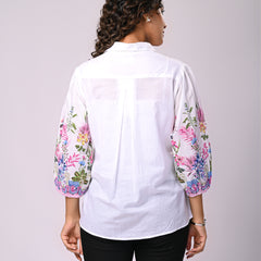 Women’s Casual White Shirt Top with Multicolor Embroidery