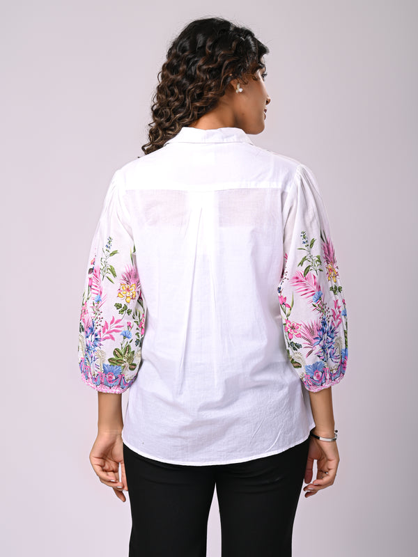 Women’s Casual White Shirt Top with Multicolor Embroidery