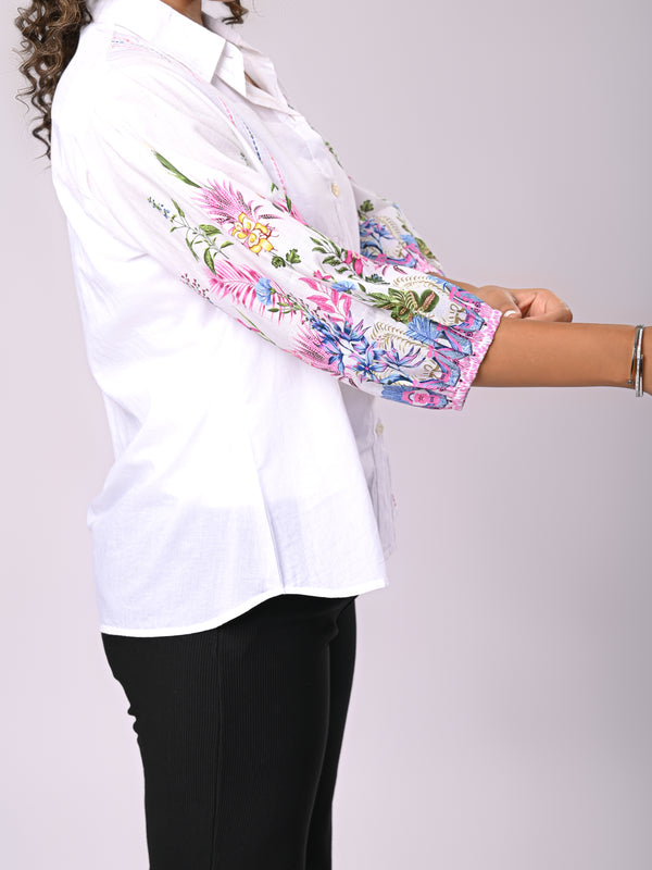 Women’s Casual White Shirt Top with Multicolor Embroidery
