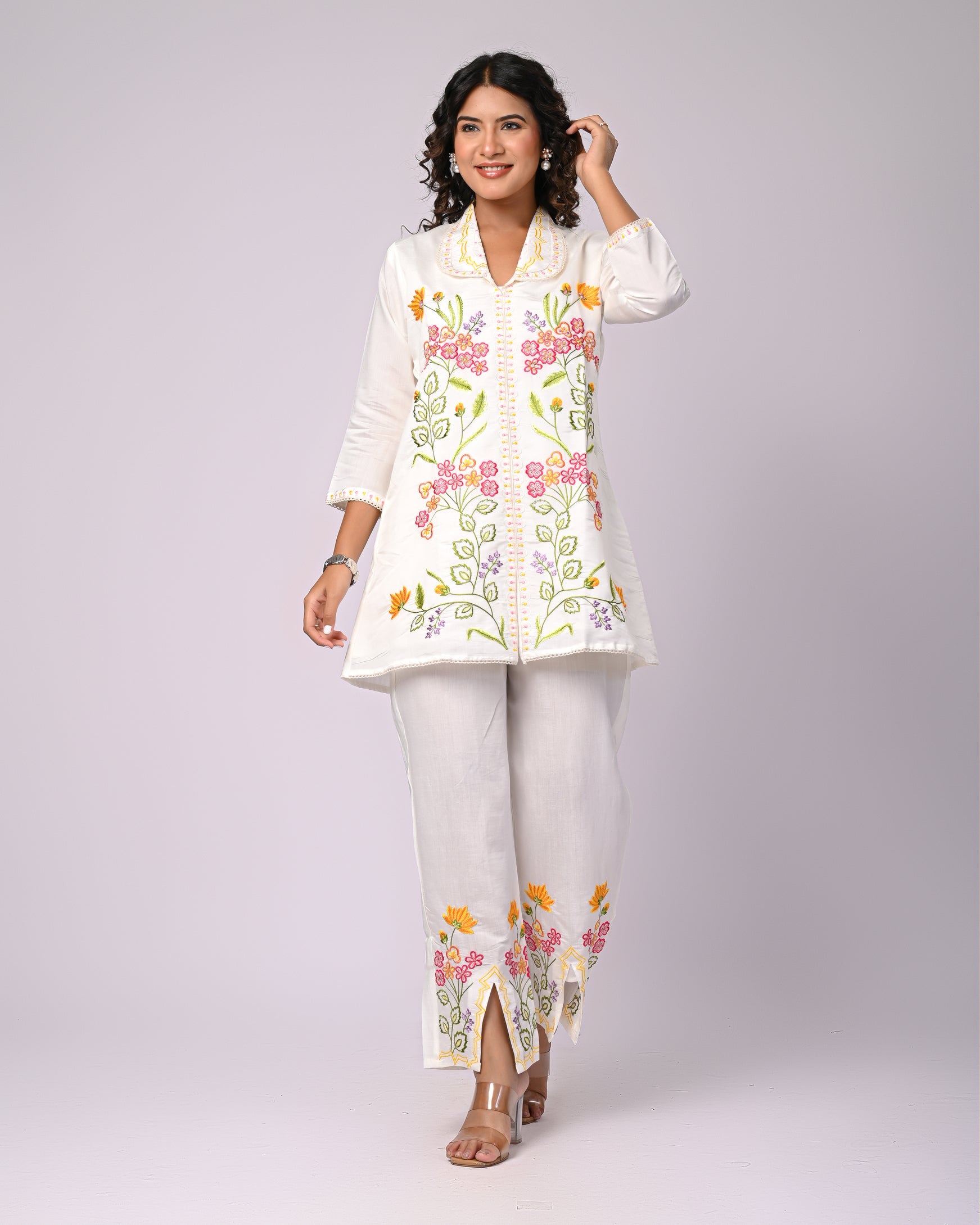 Off White Hand Work Roman Silk Co-Ord Set