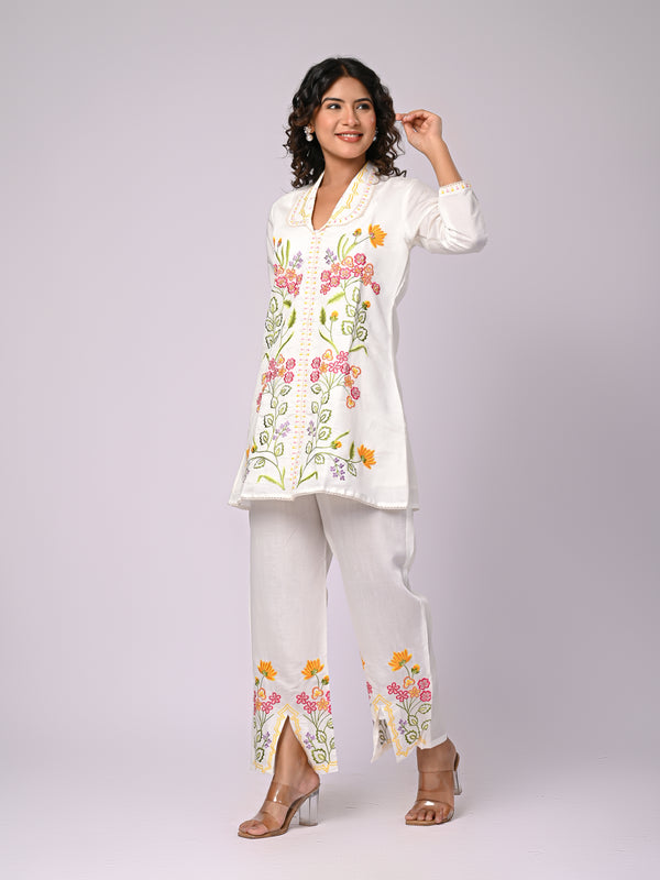 Off White Hand Work Roman Silk Co-Ord Set