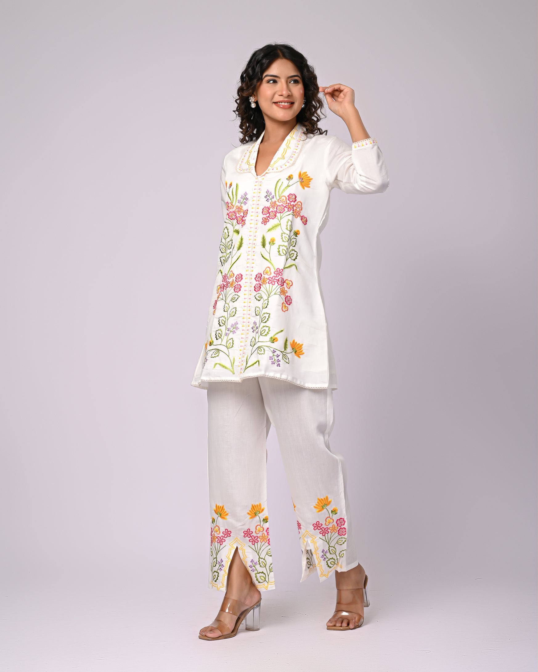 Off White Hand Work Roman Silk Co-Ord Set