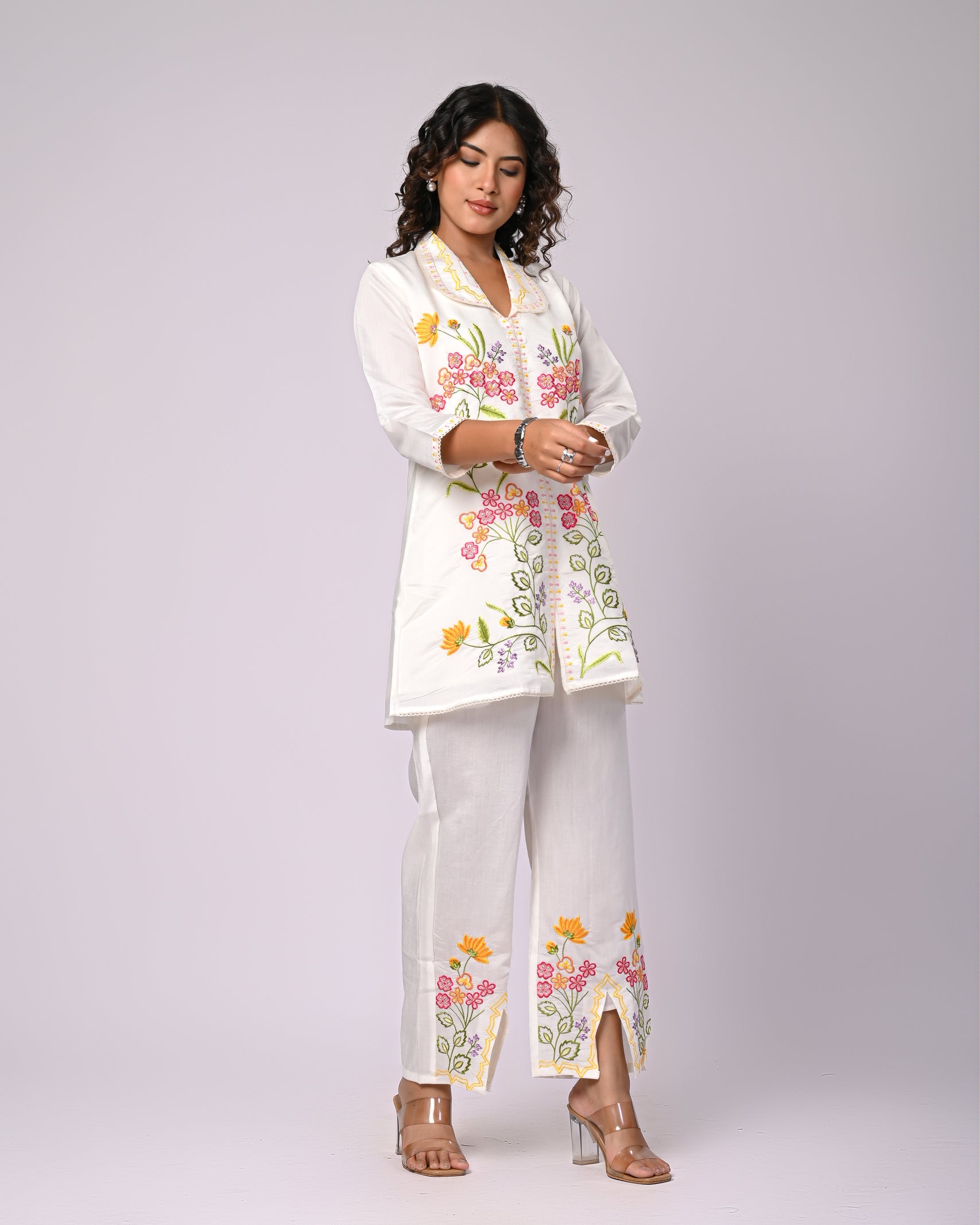 Off White Hand Work Roman Silk Co-Ord Set