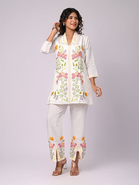 Off White Hand Work Roman Silk Co-Ord Set