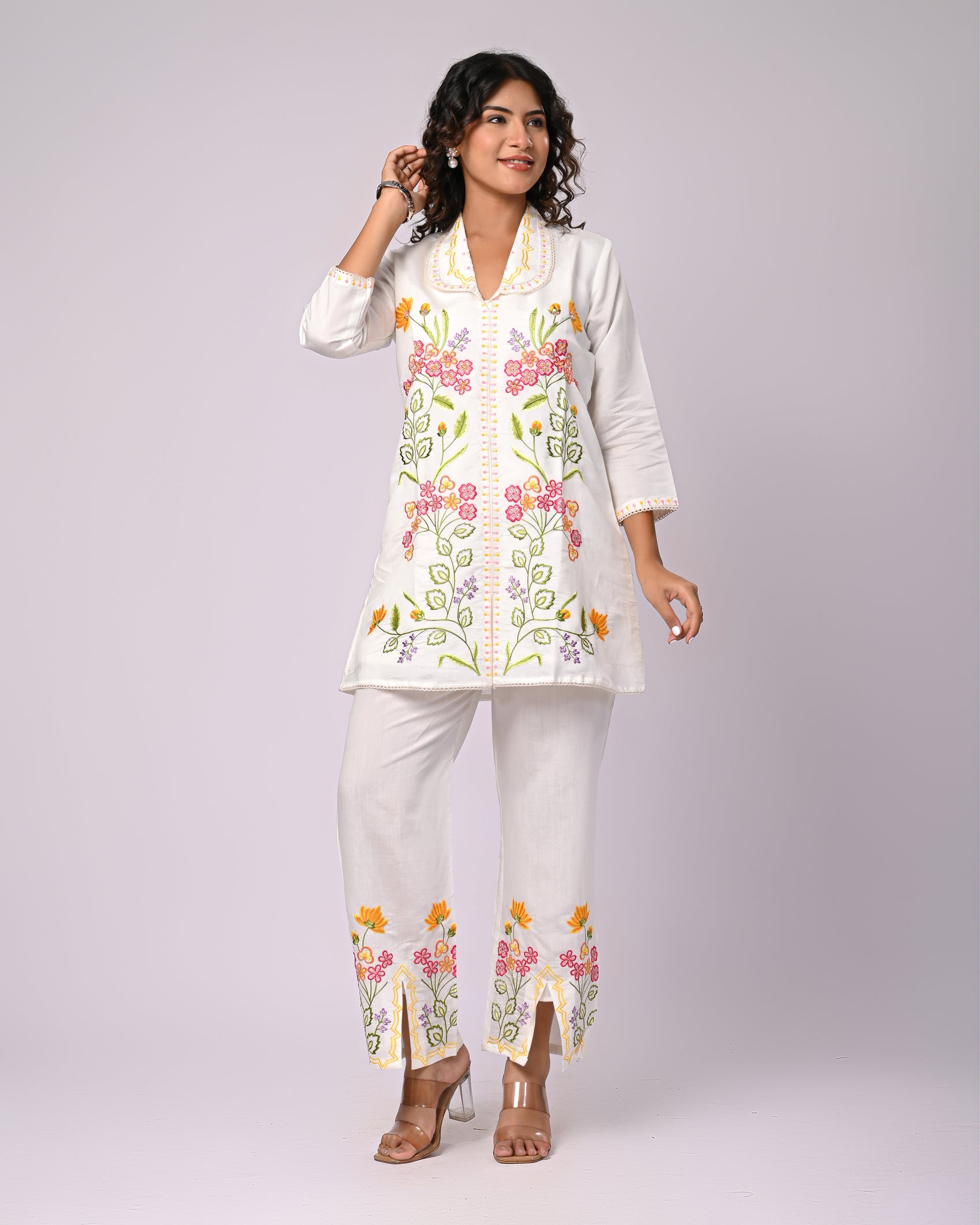Off White Hand Work Roman Silk Co-Ord Set