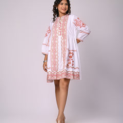 Elegant White Flared Mini Dress with Rust Threadwork