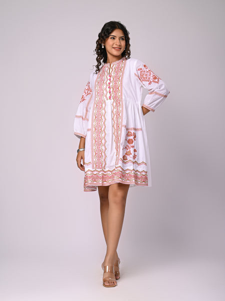 Elegant White Flared Mini Dress with Rust Threadwork
