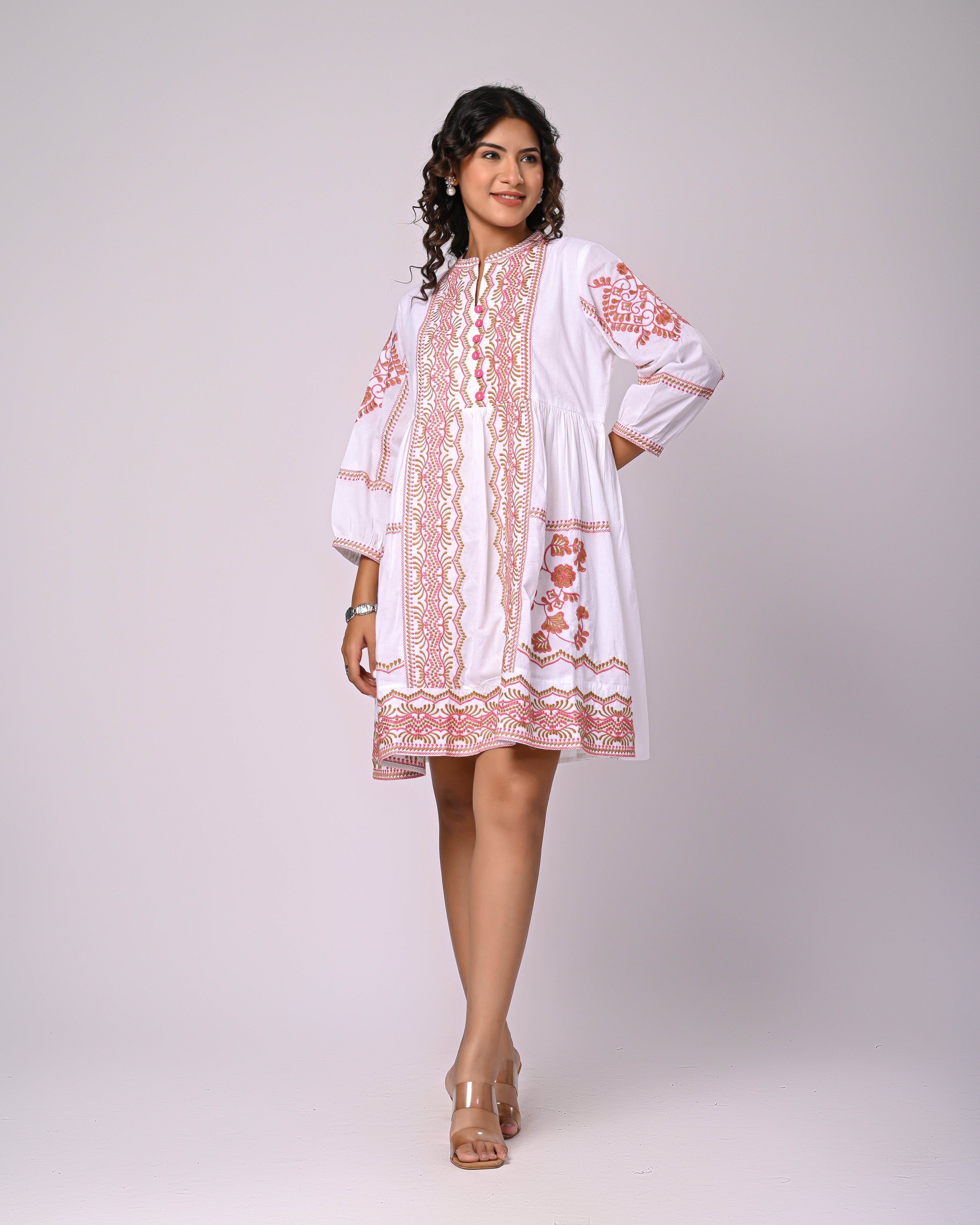 Elegant White Flared Mini Dress with Rust Threadwork