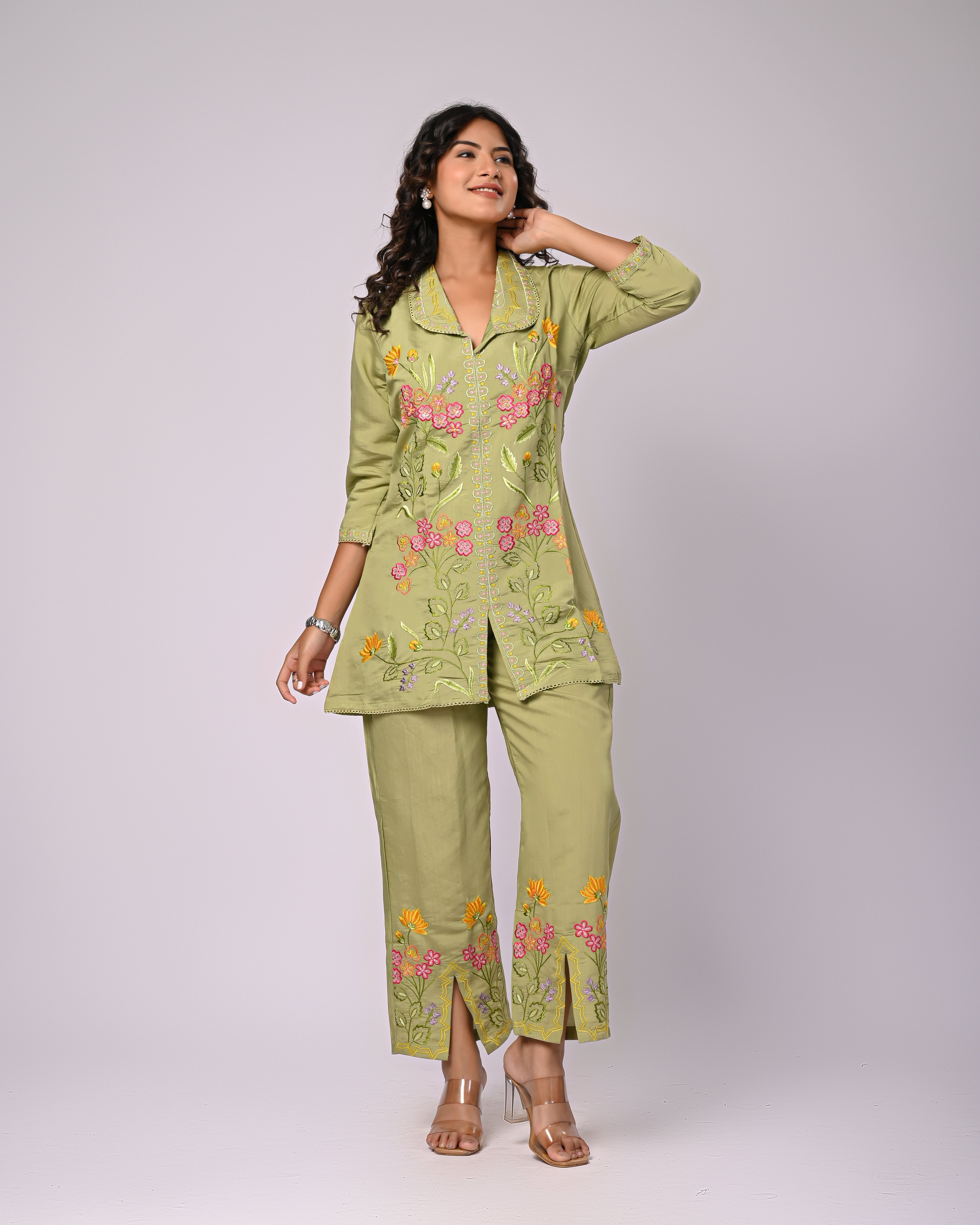 Designer Green Roman Silk Co-Ord Set