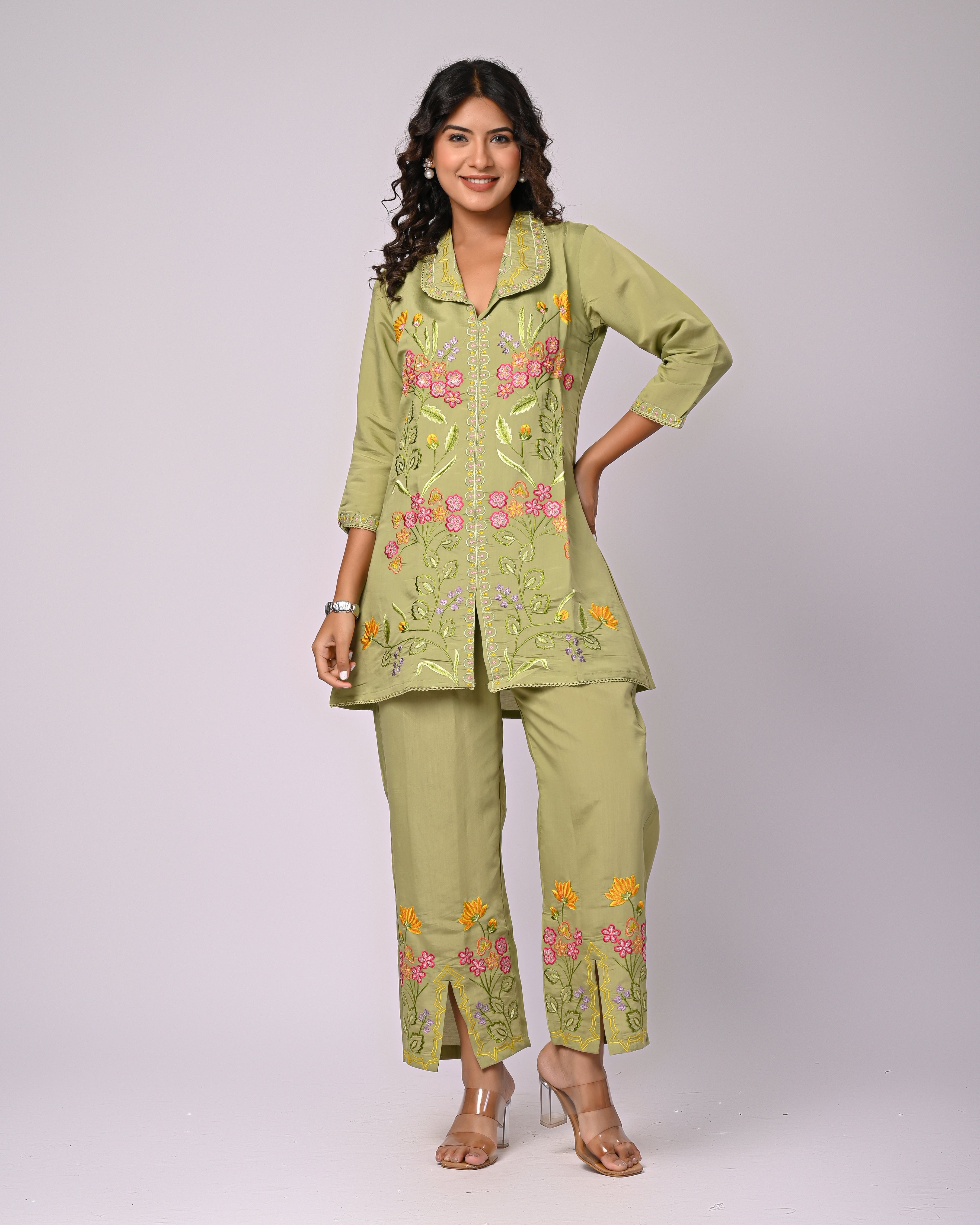 Designer Green Roman Silk Co-Ord Set