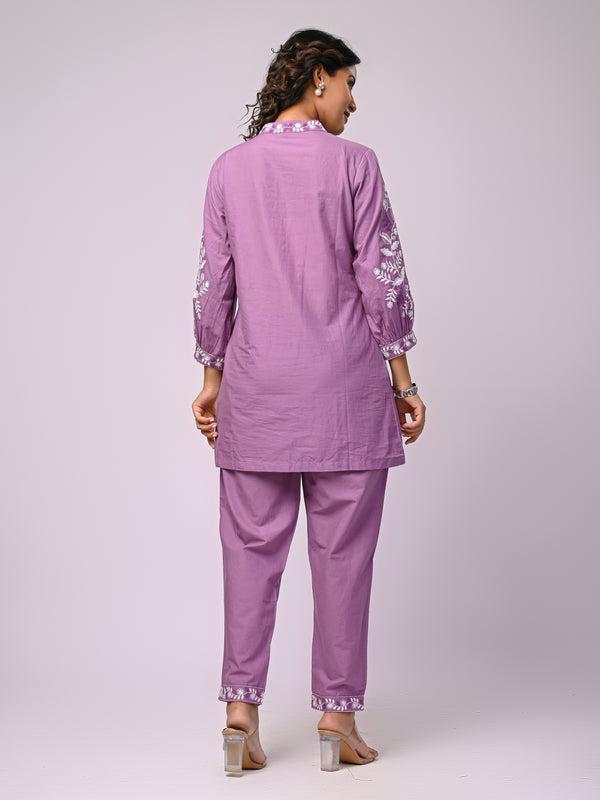 Designer Purple Kurta & Pant Set with White Threadwork