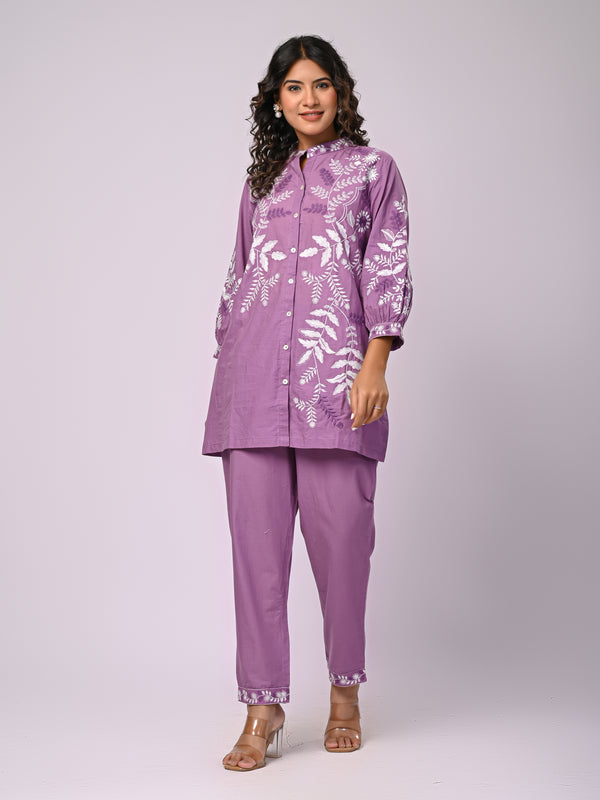 Designer Purple Kurta & Pant Set with White Threadwork