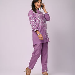Designer Purple Kurta & Pant Set with White Threadwork