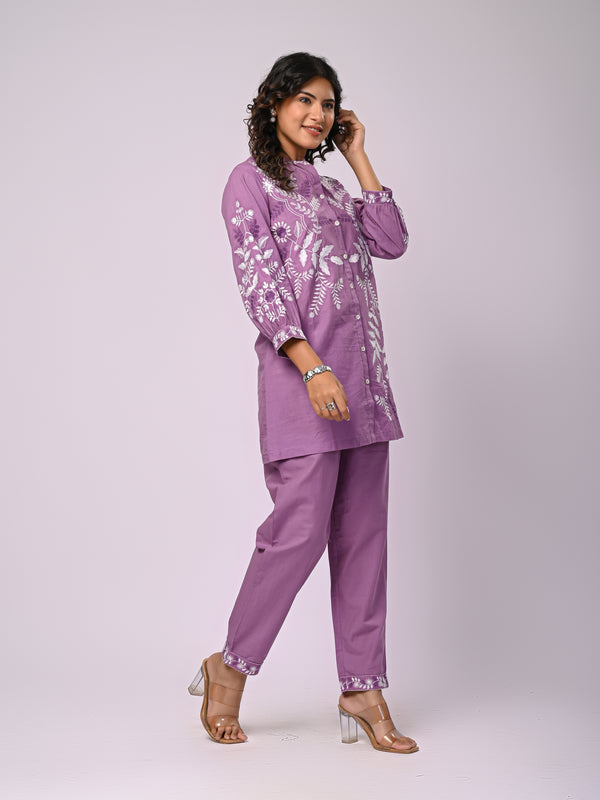 Designer Purple Kurta & Pant Set with White Threadwork