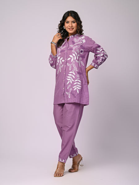 Designer Purple Kurta & Pant Set with White Threadwork