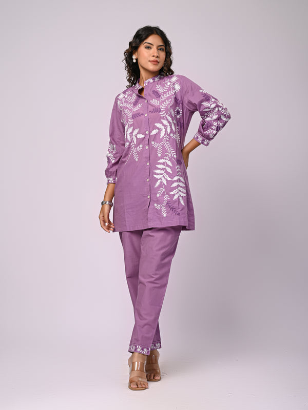 Designer Purple Kurta & Pant Set with White Threadwork