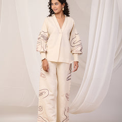Beige Cotton Embroidered Co-ord Set