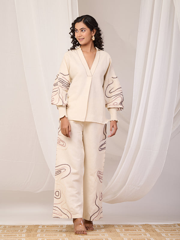 Beige Cotton Embroidered Co-ord Set