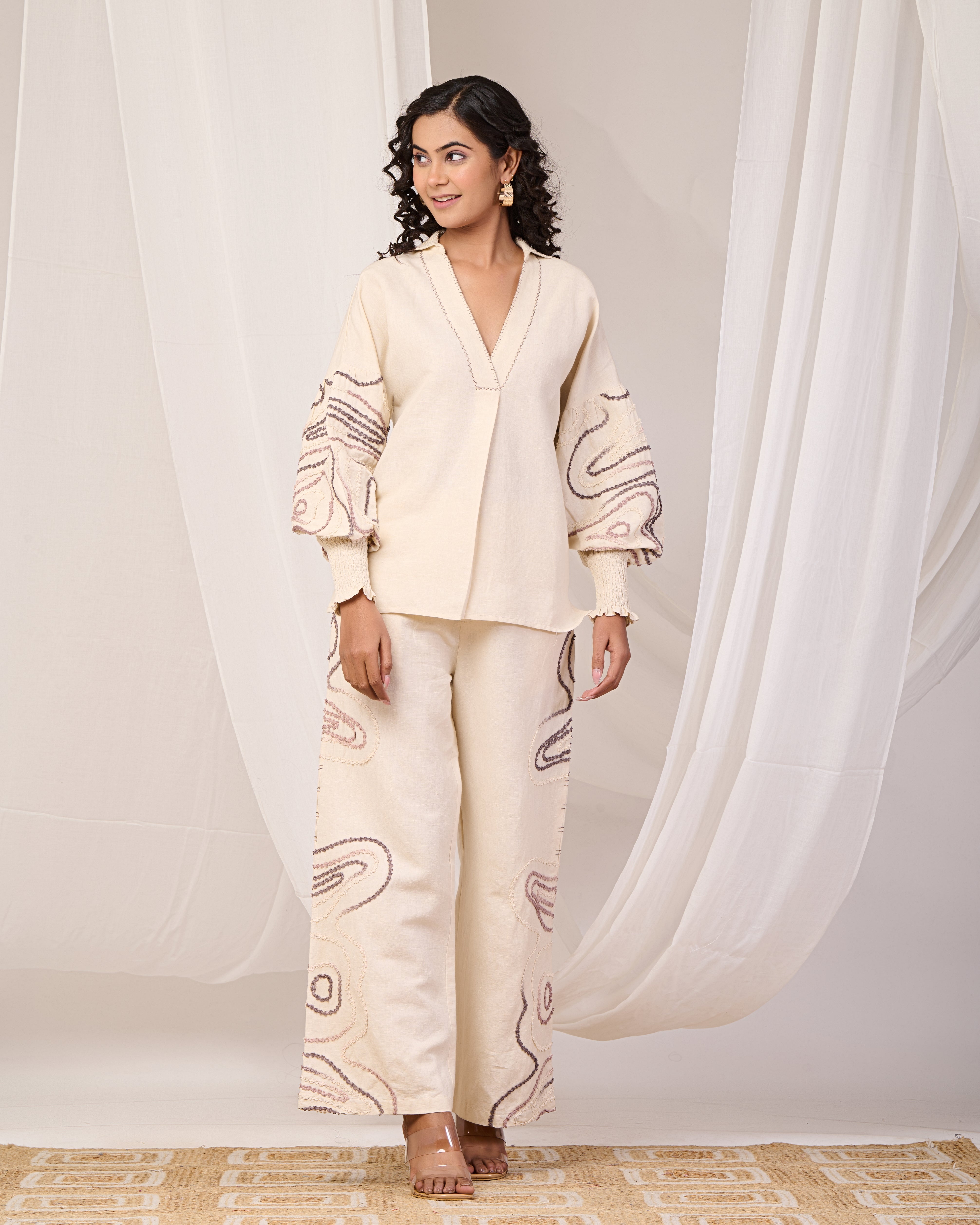 Beige Cotton Embroidered Co-ord Set