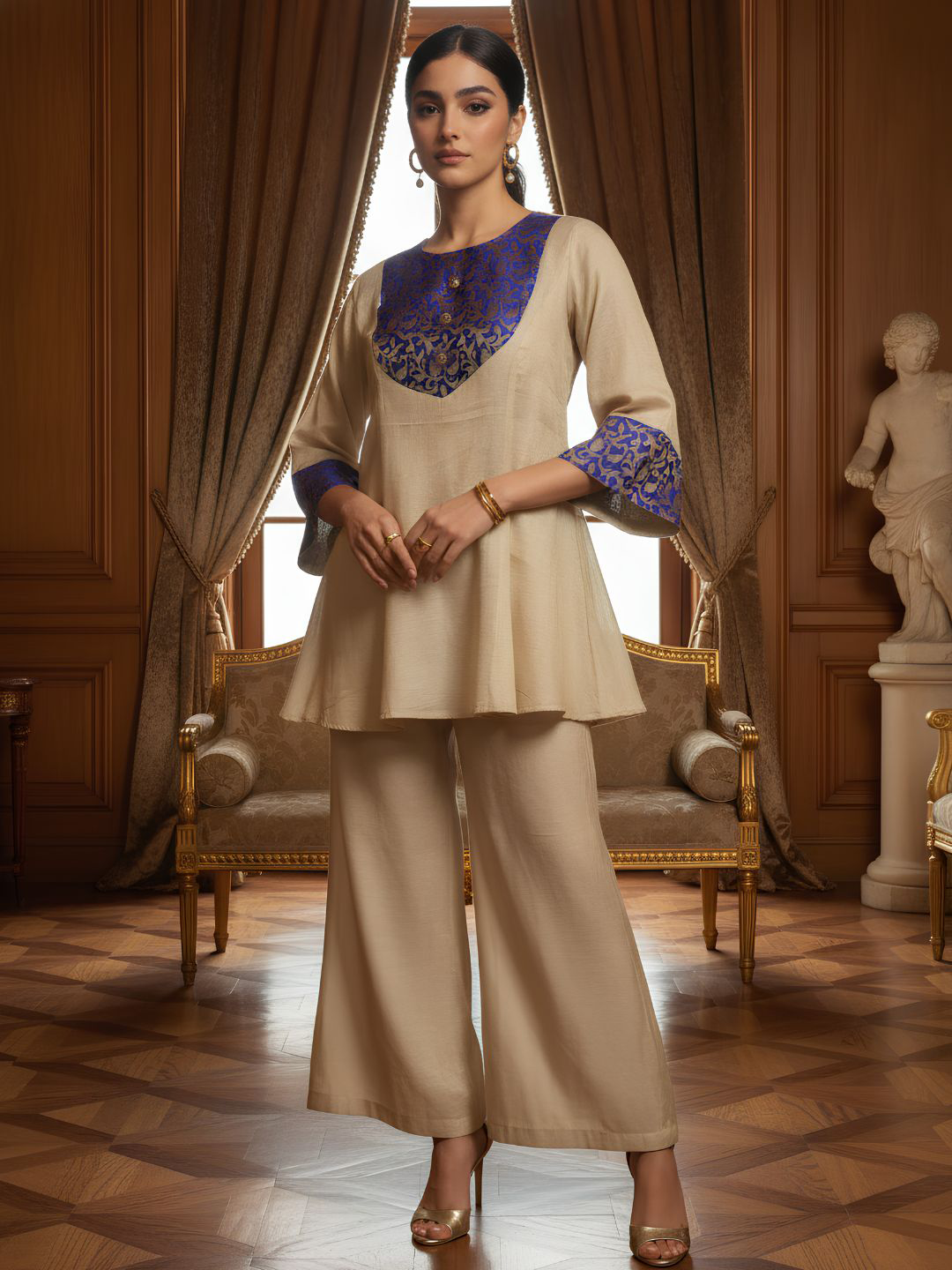 Elegant Beige Blue Embroidered Co-Ord Set for Women