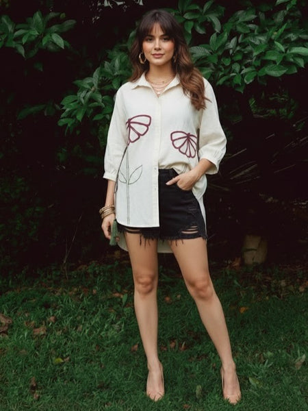 Elegant Cream Abstract Floral Casual Shirt