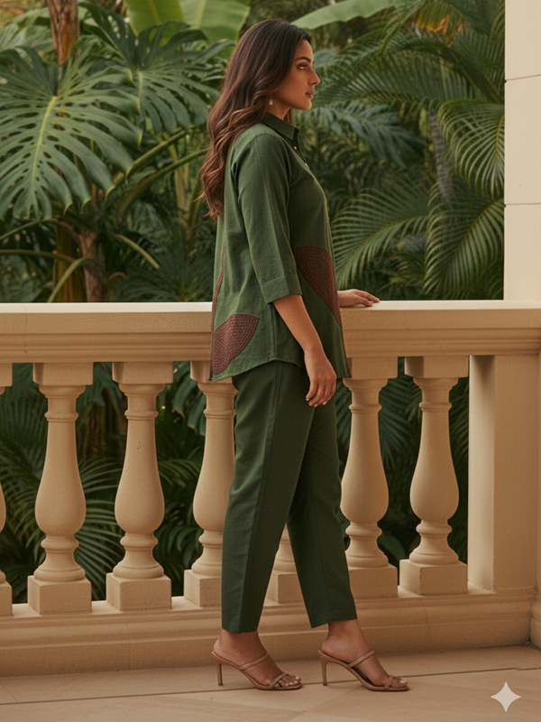 Elegant Forest Green Floral Embroidery Co-Ord Set