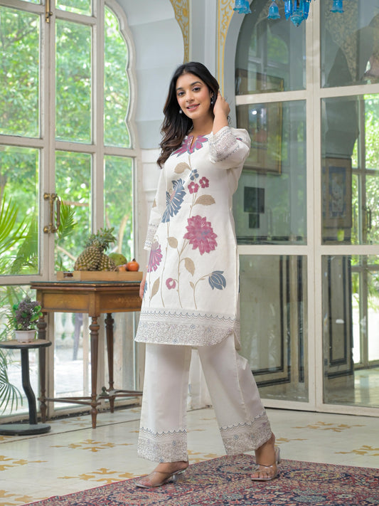 Off White Flower Print Co-ord Set