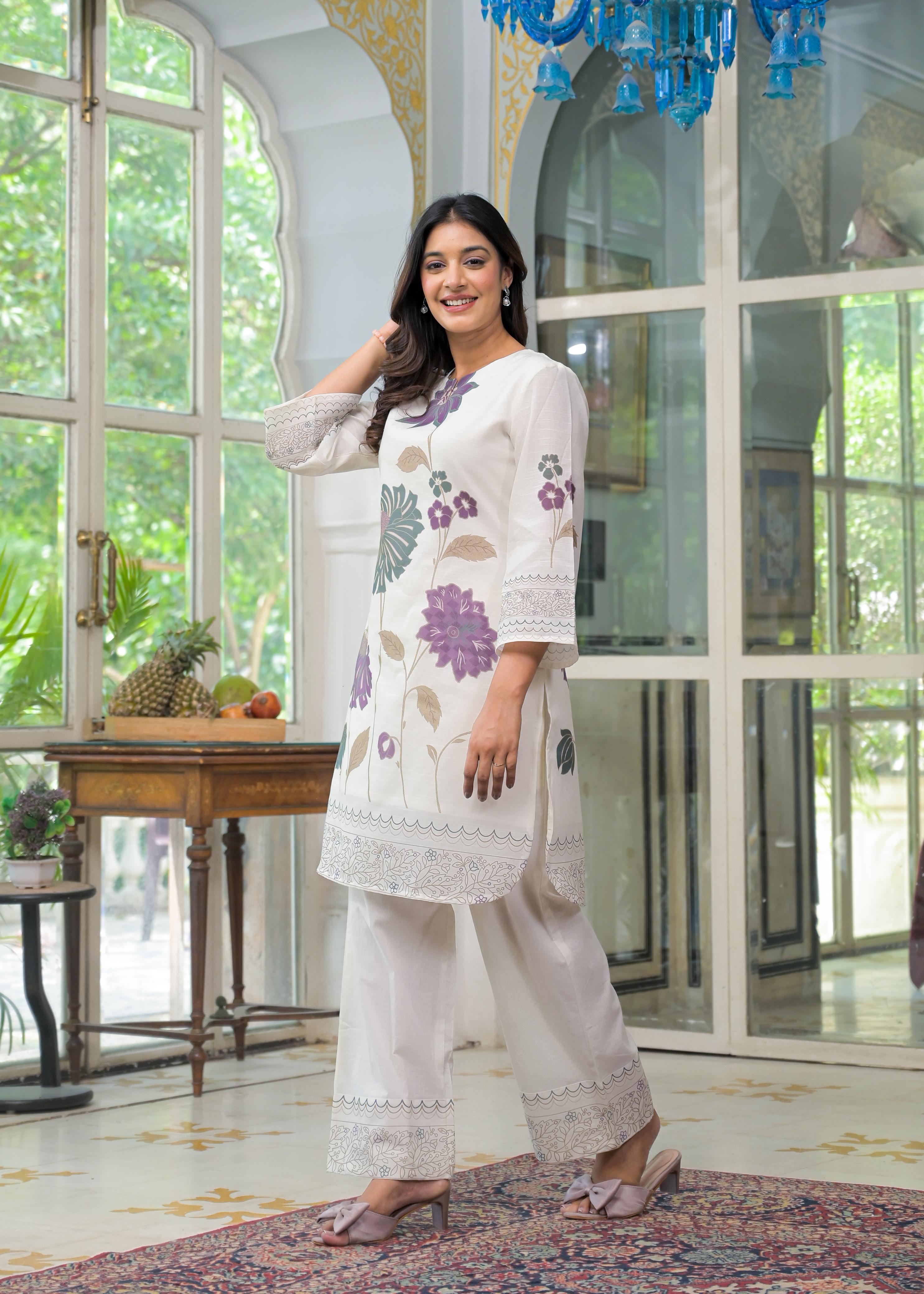 Off White Flower Print Co-ord Set