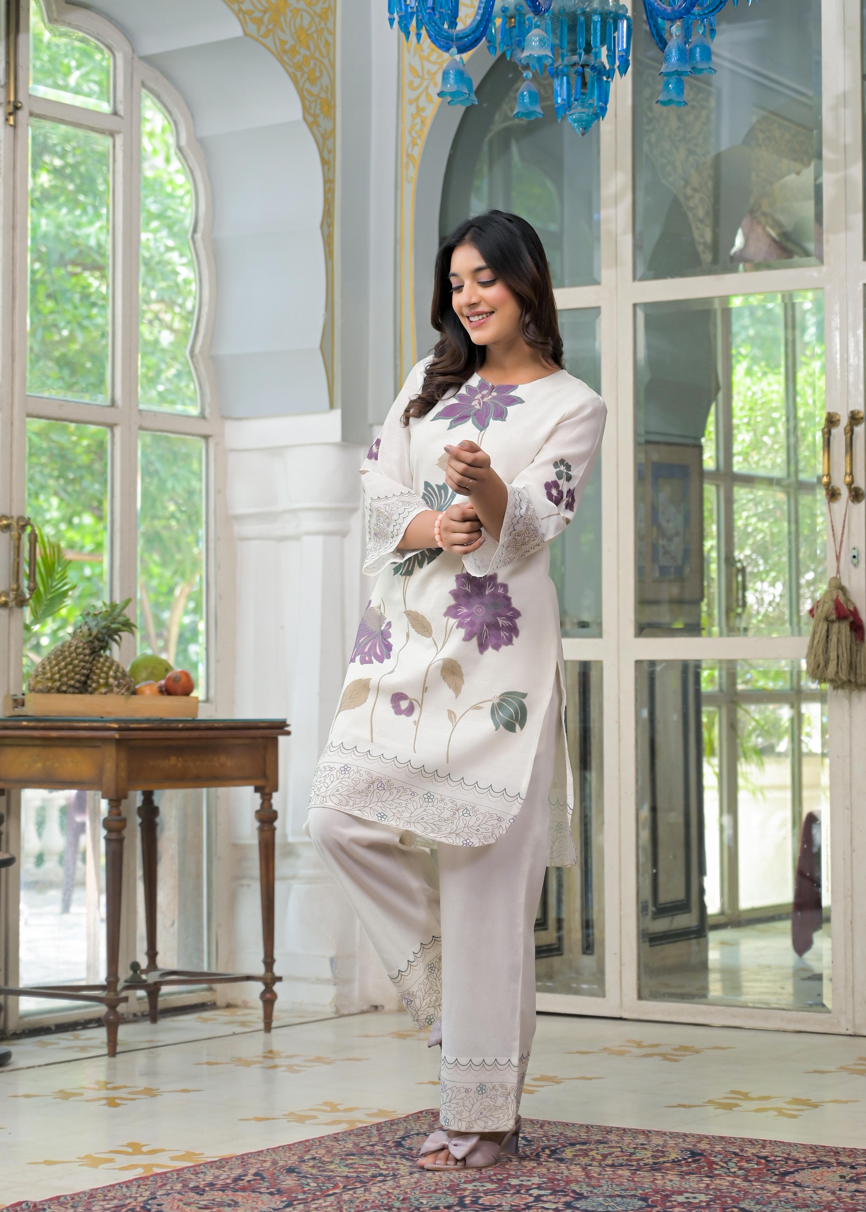 Off White Flower Print Co-ord Set