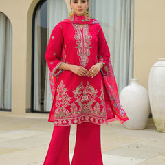 Pink Embroidered Mal Chandri Suti Set with Cotton Printed Dupatta