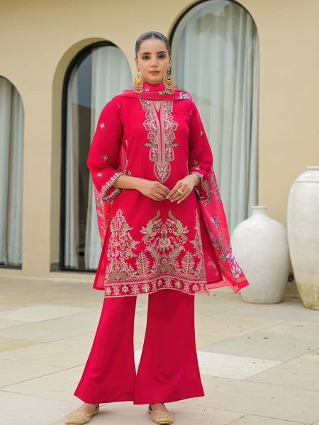 Pink Embroidered Mal Chandri Suti Set with Cotton Printed Dupatta