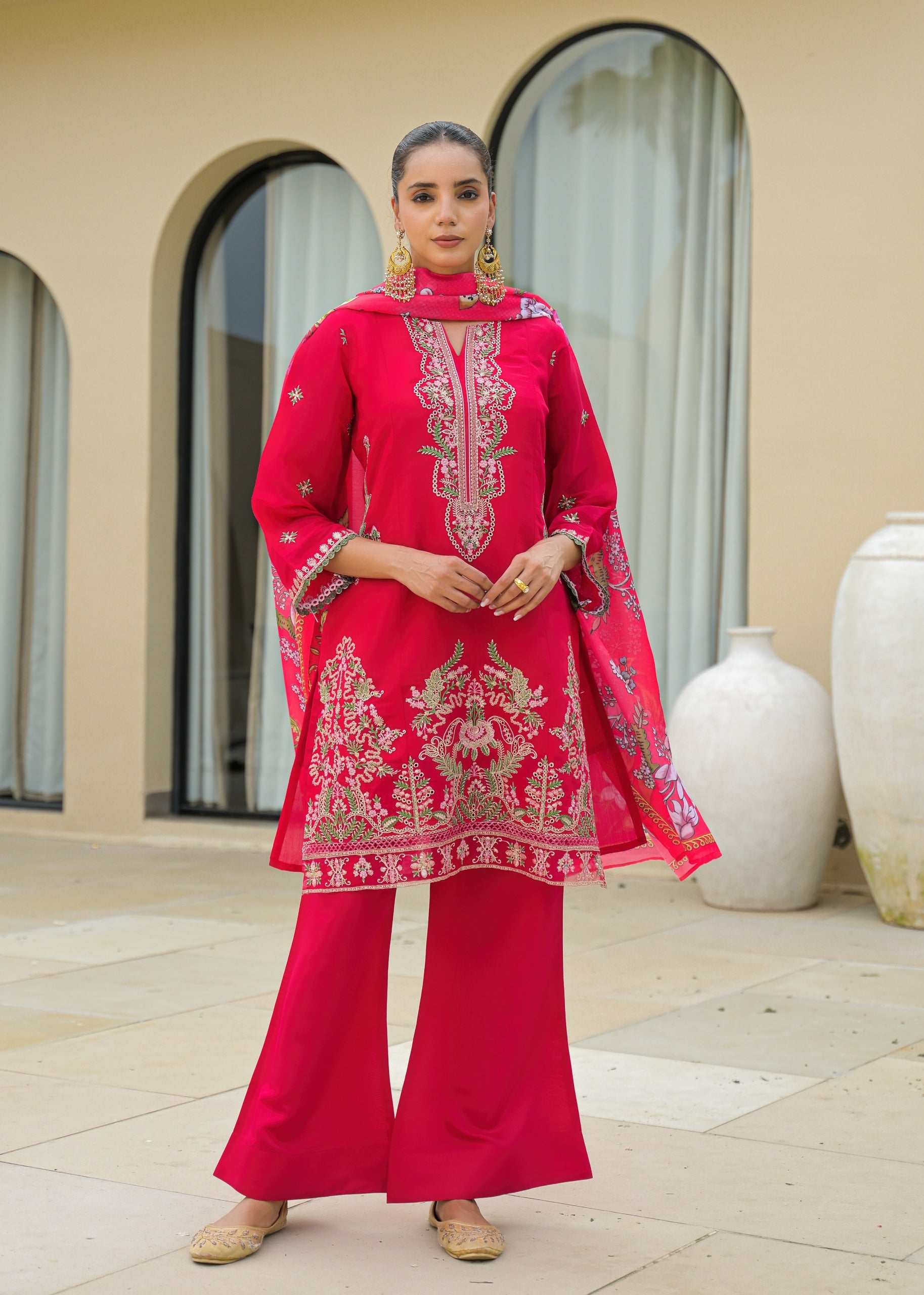 Pink Embroidered Mal Chandri Suti Set with Cotton Printed Dupatta