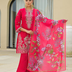 Pink Embroidered Mal Chandri Suti Set with Cotton Printed Dupatta