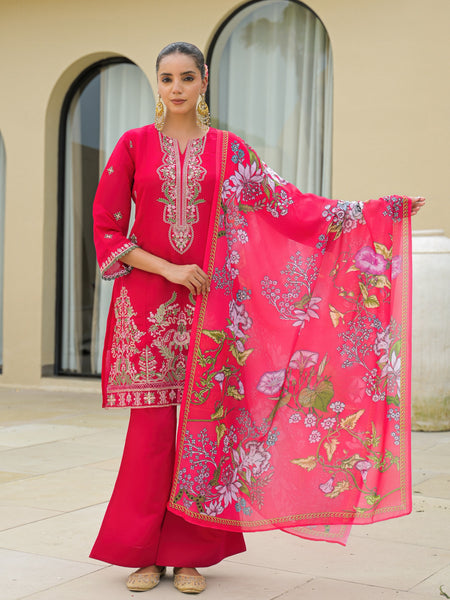Pink Embroidered Mal Chandri Suti Set with Cotton Printed Dupatta