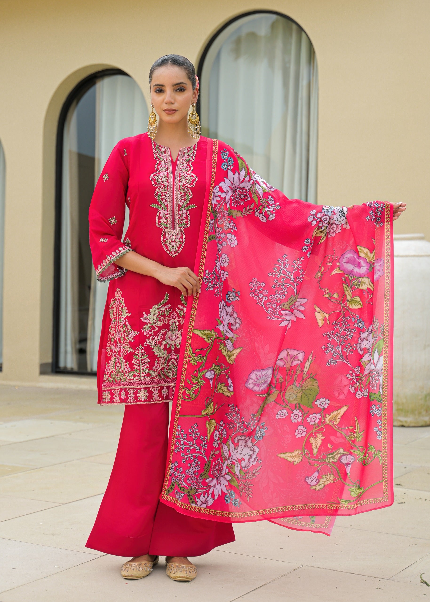 Pink Embroidered Mal Chandri Suti Set with Cotton Printed Dupatta