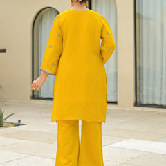 Yellow Embroidered Mal Chandri Suti Set with Cotton Printed Dupatta