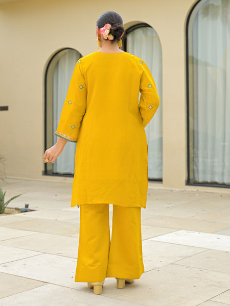 Yellow Embroidered Mal Chandri Suti Set with Cotton Printed Dupatta
