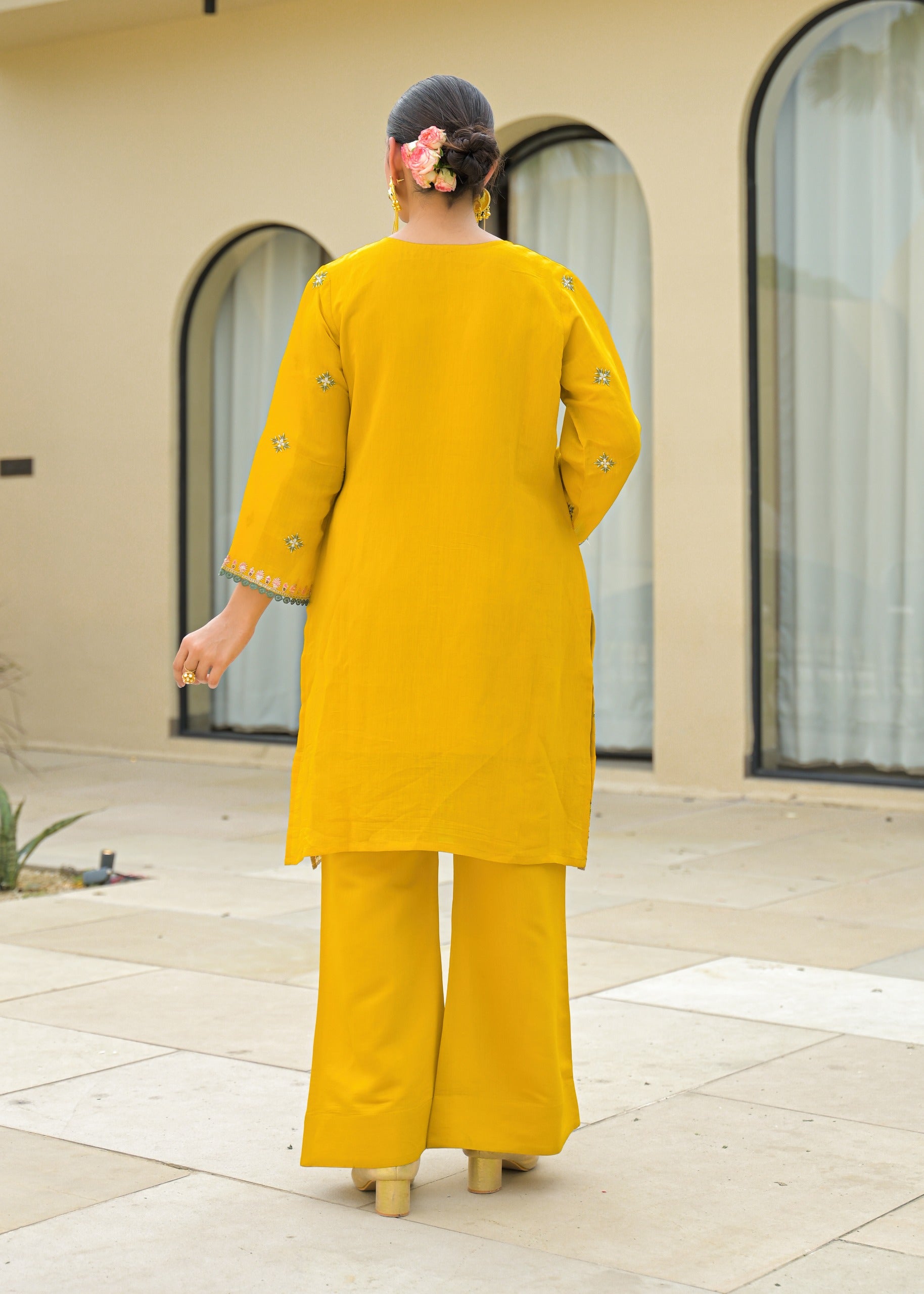 Yellow Embroidered Mal Chandri Suti Set with Cotton Printed Dupatta