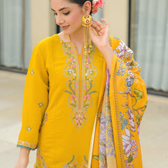 Yellow Embroidered Mal Chandri Suti Set with Cotton Printed Dupatta