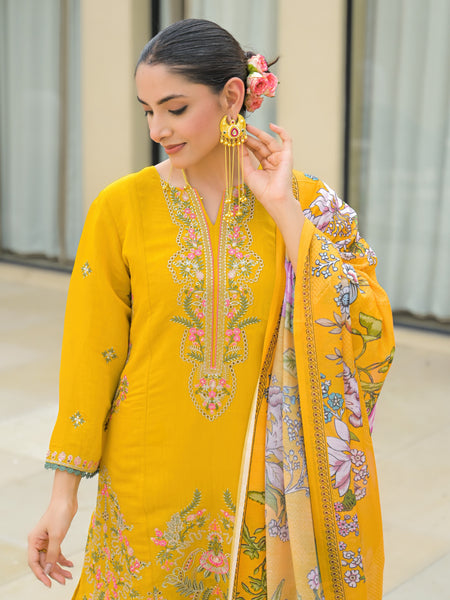 Yellow Embroidered Mal Chandri Suti Set with Cotton Printed Dupatta