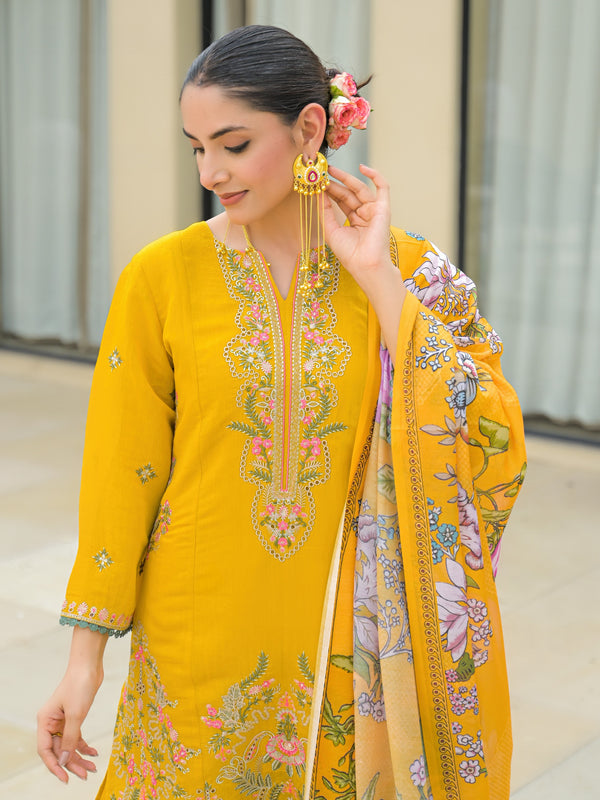 Yellow Embroidered Mal Chandri Suti Set with Cotton Printed Dupatta