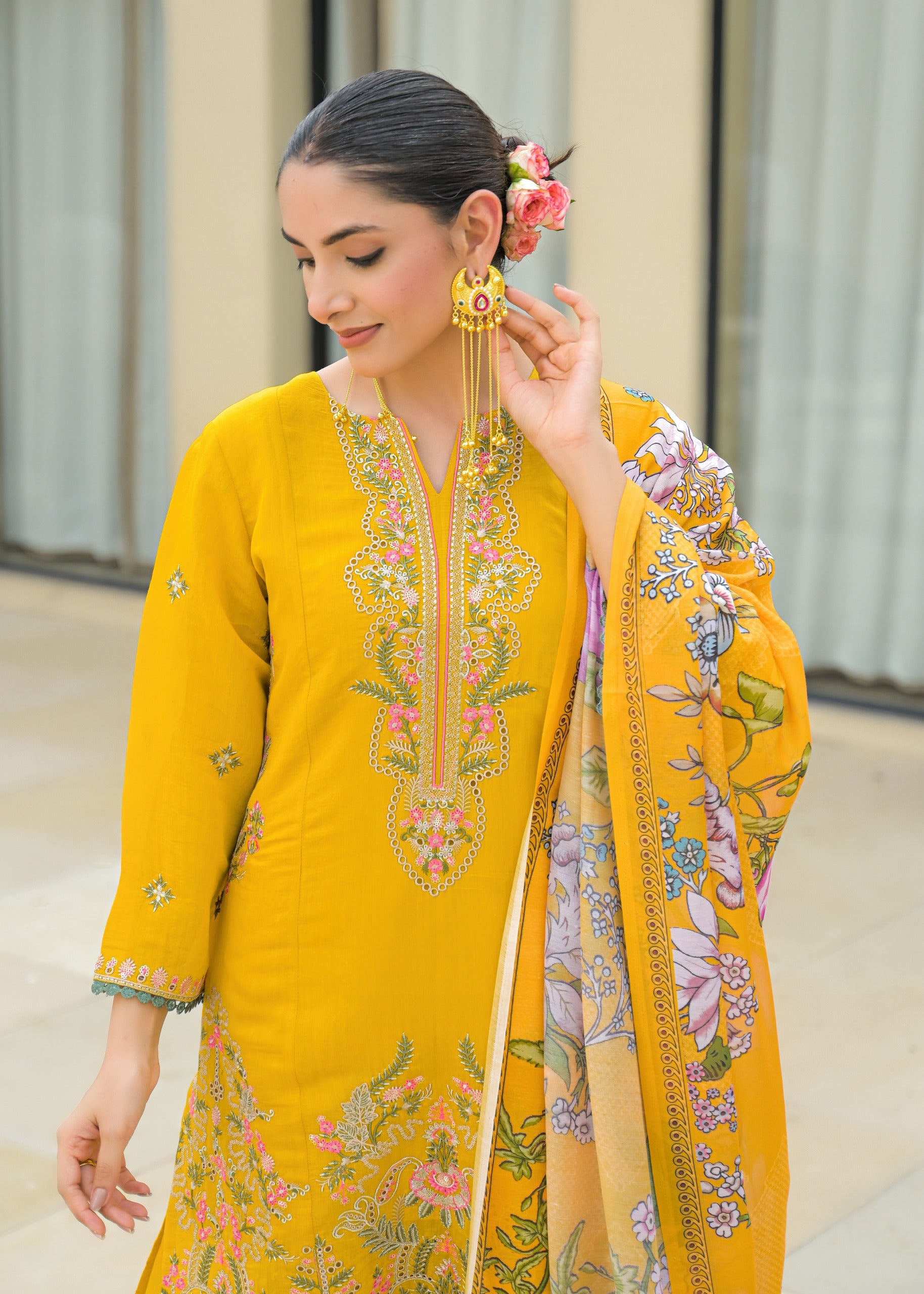 Yellow Embroidered Mal Chandri Suti Set with Cotton Printed Dupatta