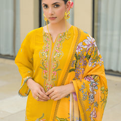 Yellow Embroidered Mal Chandri Suti Set with Cotton Printed Dupatta