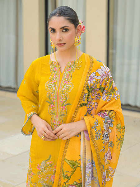 Yellow Embroidered Mal Chandri Suti Set with Cotton Printed Dupatta