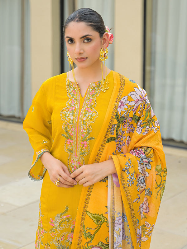 Yellow Embroidered Mal Chandri Suti Set with Cotton Printed Dupatta