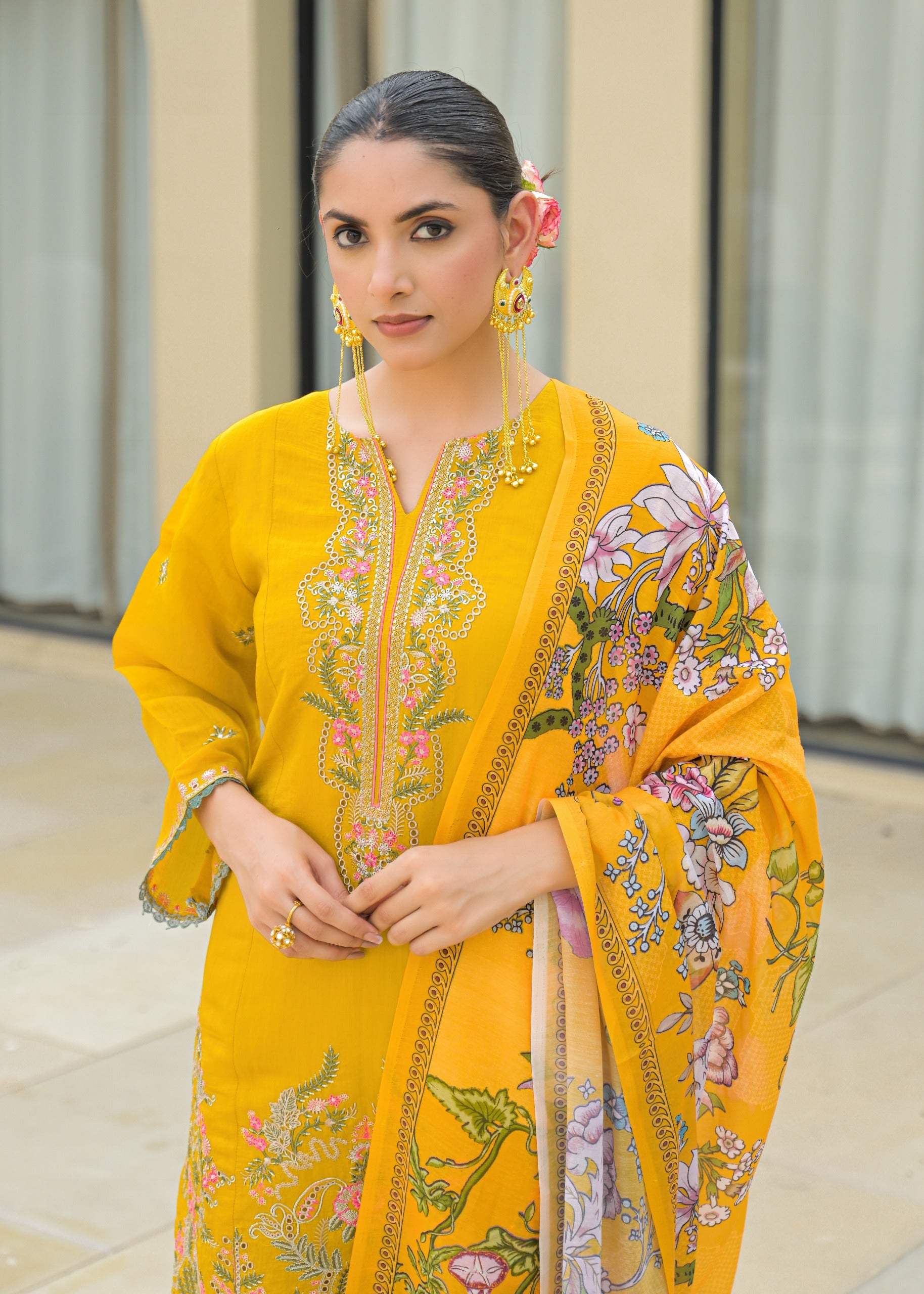 Yellow Embroidered Mal Chandri Suti Set with Cotton Printed Dupatta
