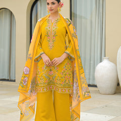 Yellow Embroidered Mal Chandri Suti Set with Cotton Printed Dupatta