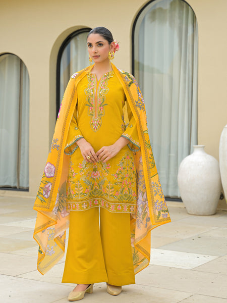 Yellow Embroidered Mal Chandri Suti Set with Cotton Printed Dupatta