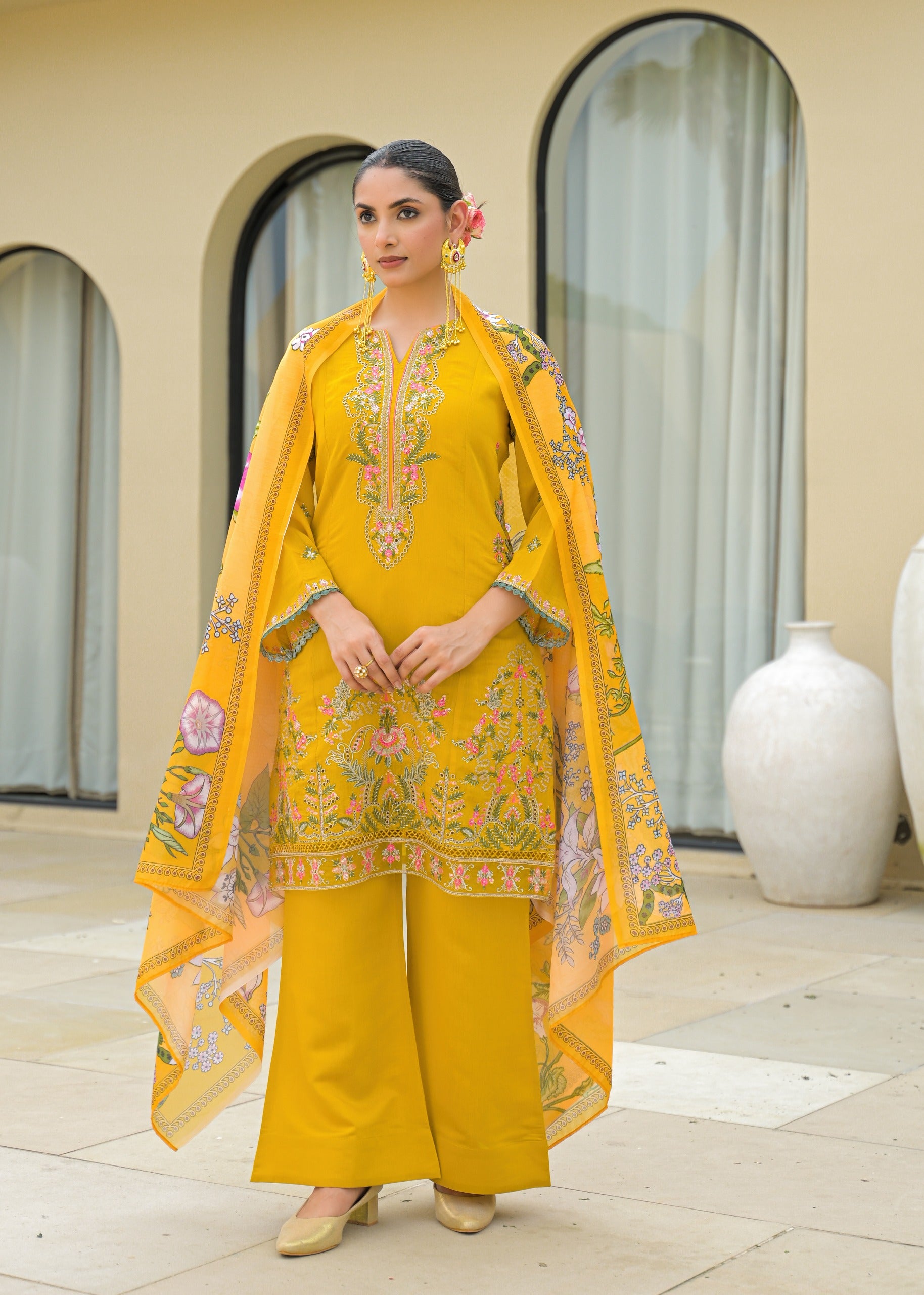 Yellow Embroidered Mal Chandri Suti Set with Cotton Printed Dupatta